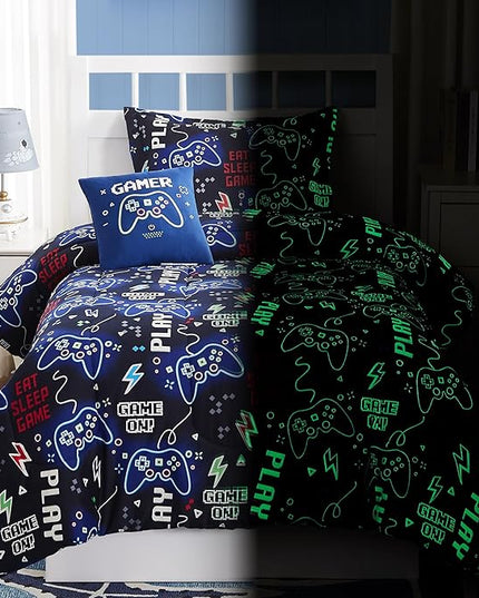 Kids Comforter Set Twin Size for Boys, Glow in The Dark Black Gamer Bedding Set Twin-1 Twin Comforter, 1 Decor Pillow, 1 Pillow Sham - LeafyLoom