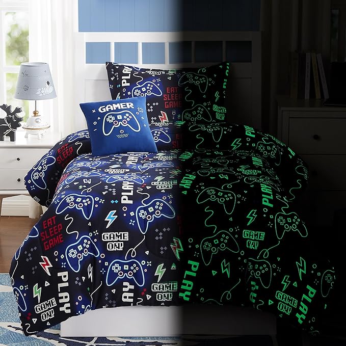 Kids Comforter Set Twin Size for Boys, Glow in The Dark Black Gamer Bedding Set Twin-1 Twin Comforter, 1 Decor Pillow, 1 Pillow Sham - LeafyLoom