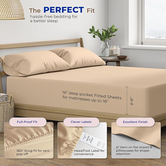 THREAD SPREAD 600 Thread Count Sheets Queen - 100% Egyptian Cotton Sheets Queen Size, 4 PC Luxury Sheets Queen Size, Soft, Sateen Cooling, Extra Long Staple 16" Deep Pocket Queen Bed Sheet Set - Taupe - LeafyLoom