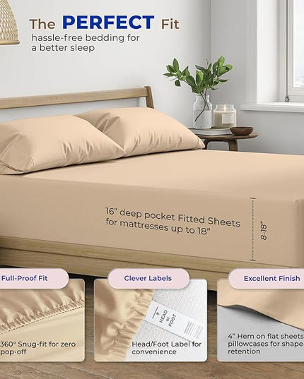 THREAD SPREAD 100% Egyptian Cotton Sheets Full Size - 600 Thread Count Sheets 4 PC 16" Deep Pocket Full Size Sheets Set, High Thread Count Soft Cooling Sateen Weave Hotel Luxury Sheets Set - Taupe - LeafyLoom