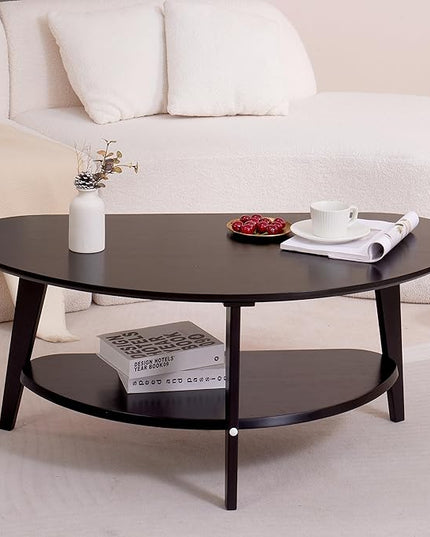Mid Century Modern Coffee Table with Storage Shelf, Large Oval Coffee Table for Living Room 41.5" W x 22'' D x 18 H 100% Solid Wood Table for House Apt Desktop Thickness 0.8'' Super Sturdy - LeafyLoom