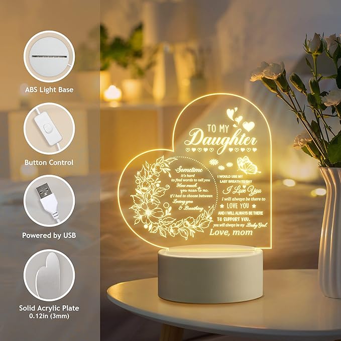 Gifts for Daughter, Daughter Gifts from Mom, to My Daughter Acrylic Night Lamp, Ideal Mother's Day Graduation Wedding Valentines Christmas Gifts for Daughter from Mothers - LeafyLoom