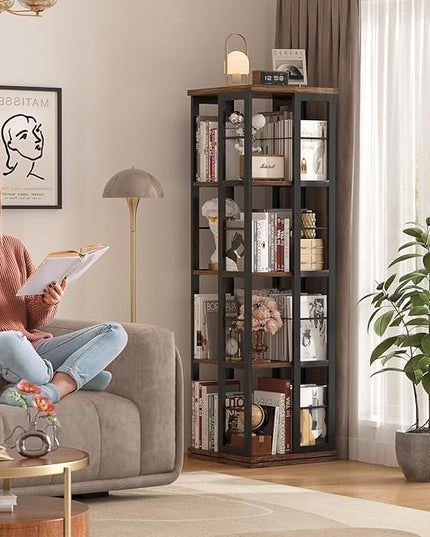 Aheaplus Rotating Bookshelf, Corner Bookshelf, 360 Display Wood Spinning Bookshelf, Floor Standing Bookcase Narrow Shelf Revolving Organizer Storage Rack for Small Space, Bedroom, Study Room - LeafyLoom