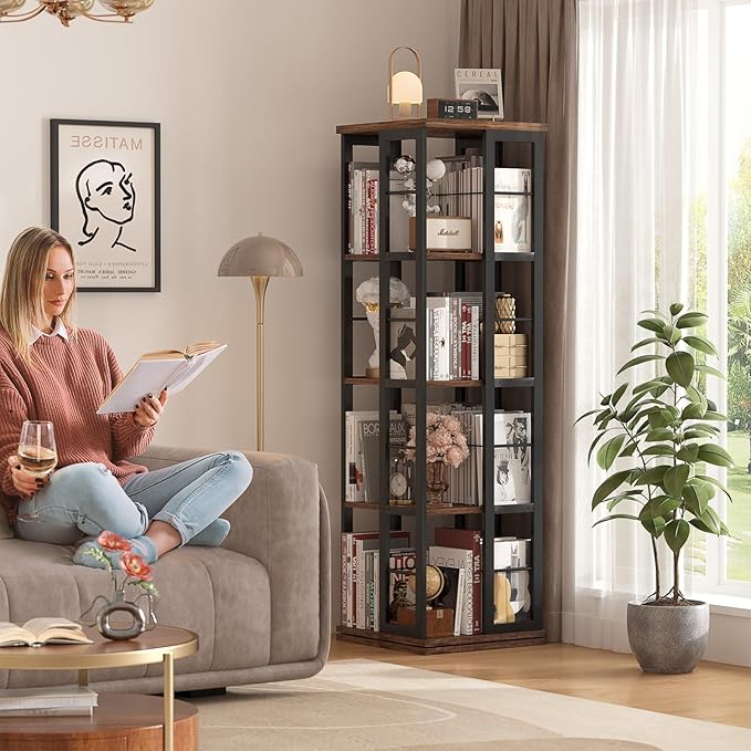 Aheaplus Rotating Bookshelf, Corner Bookshelf, 360 Display Wood Spinning Bookshelf, Floor Standing Bookcase Narrow Shelf Revolving Organizer Storage Rack for Small Space, Bedroom, Study Room - LeafyLoom