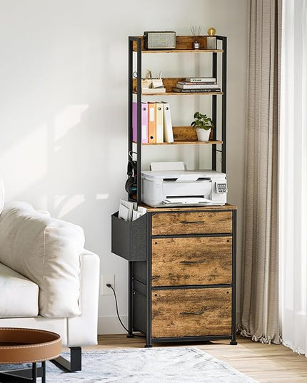 3 Drawer File Cabinet with Charging Station, Fabric Drawer, 4-Tier Tall Filing Cabinet with Adjustable Bookshelf, 69''H File Cabinet for Home Office Fits A4/Letter/Legal, Rustic Brown - LeafyLoom