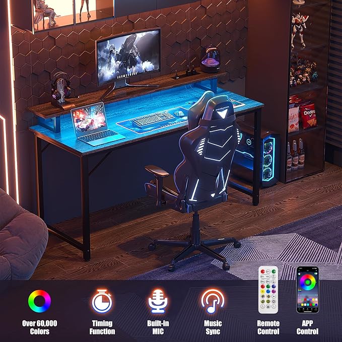 Computer Desk with USB Power Outlets and LED Lights, 47 inch Gaming desk with Monitor Stand for Small Space Home Office, Modern Simple Study Writing Table PC Desks, Black Oak - LeafyLoom