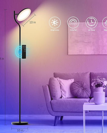 PESRAE Floor Lamp, 36W/3600LM Torchiere Bright Floor Lamp, RGB Color Changing Torchiere Floor Lamp, Rotatable Tall Lamp with Remote Control, Adjust Brightness for Bedroom and Play Room - LeafyLoom