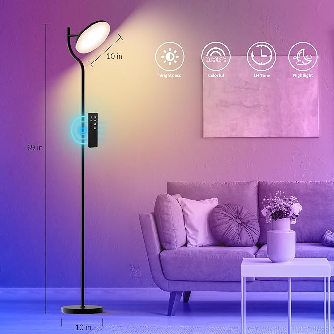 PESRAE Floor Lamp, 36W/3600LM Torchiere Bright Floor Lamp, RGB Color Changing Torchiere Floor Lamp, Rotatable Tall Lamp with Remote Control, Adjust Brightness for Bedroom and Play Room - LeafyLoom