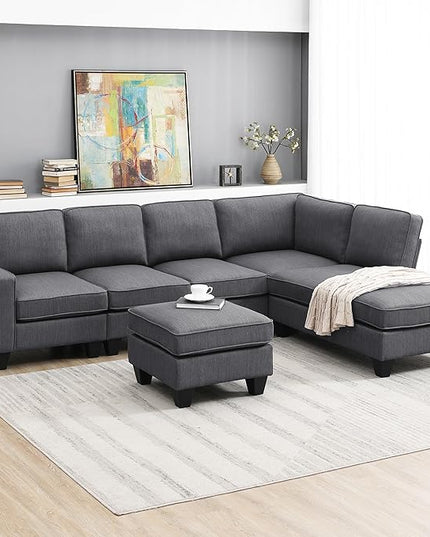 104" L-shaped Sectional Sofa-7 Seater Couch Set with Chaise Lounge and Convertible Ottoman, Comfy Sectional Couches for Living Room,Apartment,Office - LeafyLoom