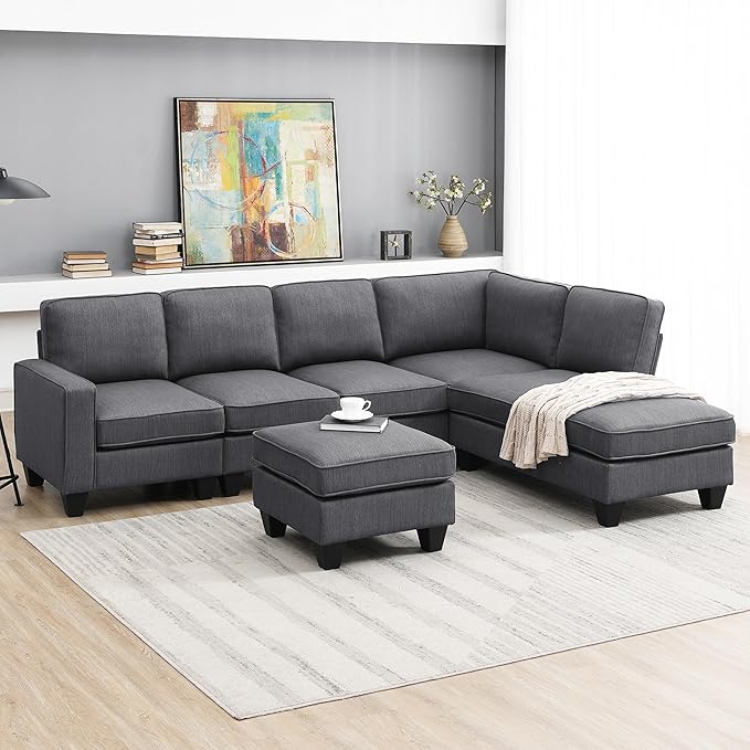 104" L-shaped Sectional Sofa-7 Seater Couch Set with Chaise Lounge and Convertible Ottoman, Comfy Sectional Couches for Living Room,Apartment,Office - LeafyLoom