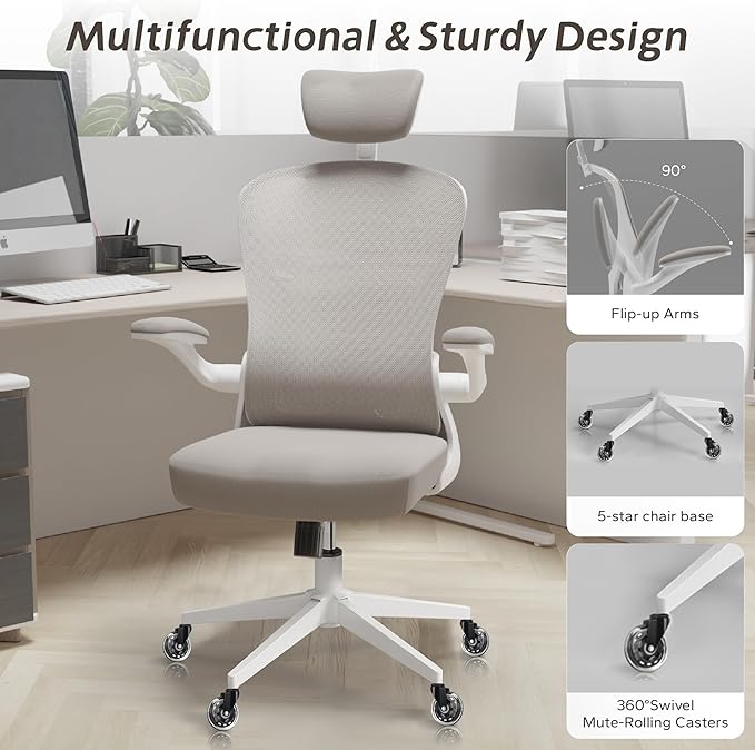 Ergonomic Desk Chair with 300LBS Capacity,Adjustable Headrest,Lumbar Support,and Breathable Mesh Back - Perfect for Home Office,Study,and Gaming (Grey) - LeafyLoom