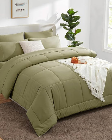 CozyLux King Size Comforter Set - 7 Pieces Bed in a Bag Set Olive Green, King Bedding Set with All Season Quilted Comforter, Flat Sheet, Fitted Sheet, Pillowcases - LeafyLoom