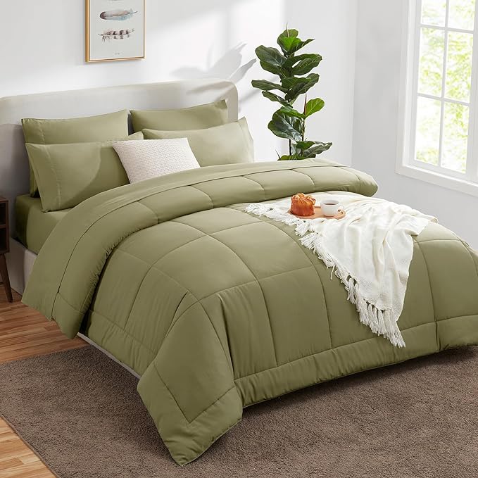 CozyLux King Size Comforter Set - 7 Pieces Bed in a Bag Set Olive Green, King Bedding Set with All Season Quilted Comforter, Flat Sheet, Fitted Sheet, Pillowcases - LeafyLoom