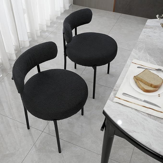 Dining Chairs Set of 6, Boucle Dining Room Chairs Modern Mid-Century Kitchen Chairs Curved Backrest Upholstered Chairs for Dining Room Black Metal Legs, Black - LeafyLoom