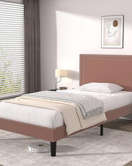 VECELO Twin Size Platform Bed Frame with Adjustable Upholstered Headboard, Modern Mattress Foundation, Strong Wood Slat Support, No Box Spring Needed, Easy Assembly - LeafyLoom