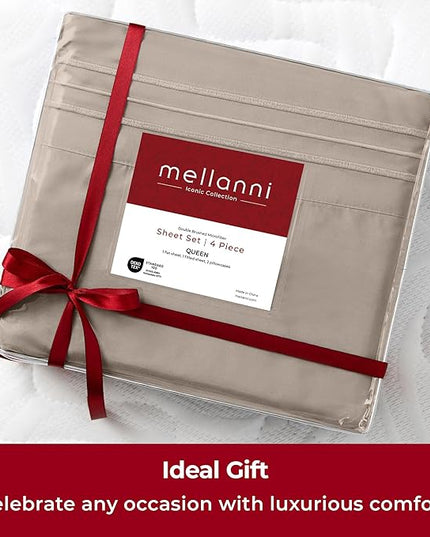 Mellanni Extra Deep Split King Sheets - 5 PC Iconic Collection Bedding Sheets & Pillowcases - Hotel Luxury, Ultra Soft, Cooling Bed Sheets - Extra Deep Pocket up to 21 inch (Split King, Tan) - LeafyLoom