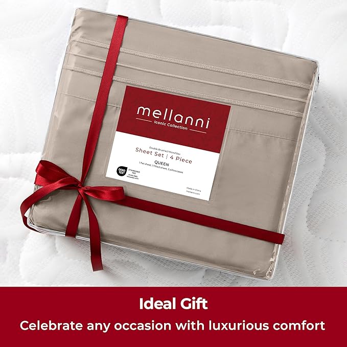 Mellanni Extra Deep Split King Sheets - 5 PC Iconic Collection Bedding Sheets & Pillowcases - Hotel Luxury, Ultra Soft, Cooling Bed Sheets - Extra Deep Pocket up to 21 inch (Split King, Tan) - LeafyLoom