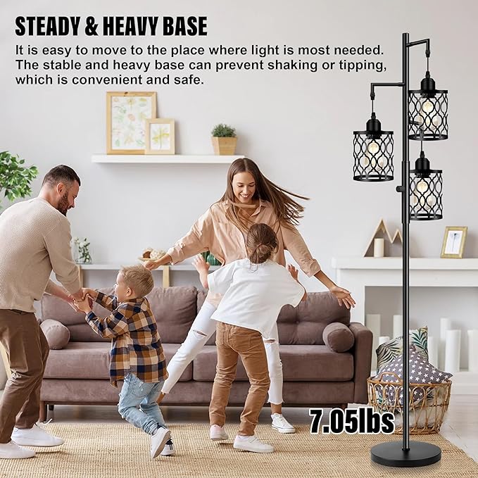 Dimmable Farmhouse Floor Lamp, Industrial Floor Lamp for Living Room with 3 X 6W LED Bulbs, 3 Light Rustic Standing Tall Lamp for Bedroom, Office, 68" - LeafyLoom