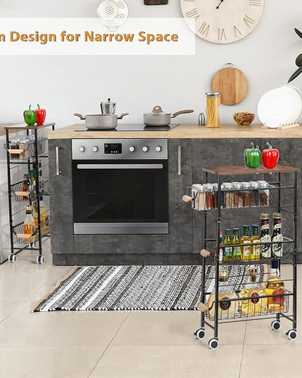 4-Tier Slim Storage Cart, Kitchen Rolling Utility Cart Bathroom Organizer Laundry Room Organization Mobile Shelving Unit with Slide-Out Metal Wire Baskets, Wooden Tabletop & Wheels for Narrow Space - LeafyLoom