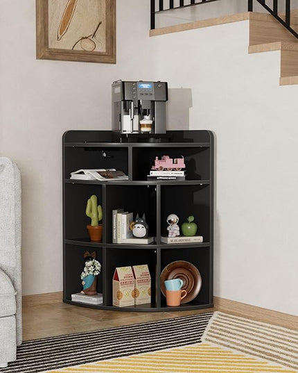 Vecelo 3-Tier Corner Cabinet with USB Outlet, 8 Cubbies Wooden Cube Storage Organizer, Corner Bookshelf Units for Playroom, Bedroom, Living Room, Black - LeafyLoom