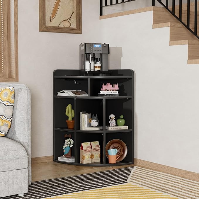 Vecelo 3-Tier Corner Cabinet with USB Outlet, 8 Cubbies Wooden Cube Storage Organizer, Corner Bookshelf Units for Playroom, Bedroom, Living Room, Black - LeafyLoom