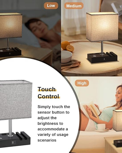 Kakanuo Nightstand Lamp for Bedroom with Dual USB Ports, Grey Touch Control Bedside Table Lamp with Charging Outlets and Phone Stands, 3-Way Dimmable Desk Lamp for Living Room, LED Bulb Included - LeafyLoom