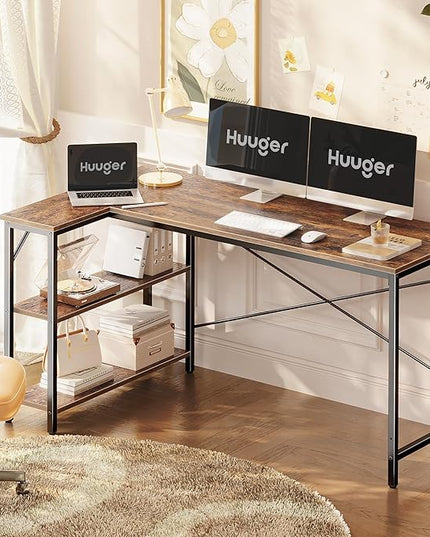 L Shaped Desk, 55 Inches Computer Desk with Reversible Storage Shelves, Gaming Desk, Corner Desk Home Office Desks, Writing Desk Study Desk with Metal Frame, Rustic Brown - LeafyLoom