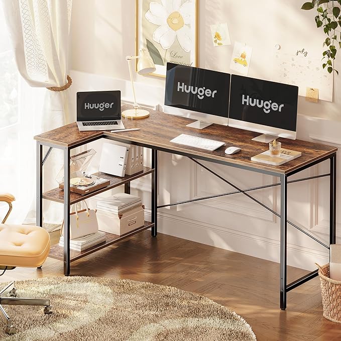 L Shaped Desk, 55 Inches Computer Desk with Reversible Storage Shelves, Gaming Desk, Corner Desk Home Office Desks, Writing Desk Study Desk with Metal Frame, Rustic Brown - LeafyLoom