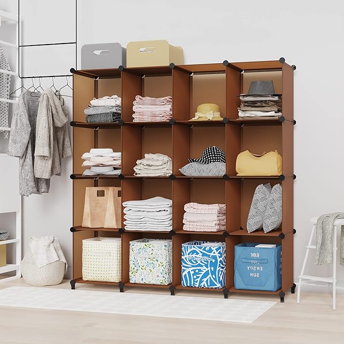 HOMIDEC Cube Storage Organizer 16-Cube Storage Shelf, Closet Organizer for Garment Racks, Closet Organizers and Storage with Metal Hammer, Bookshelf for Kids, (48.4 L x 12.2 W x 48.4 H Inches) - LeafyLoom