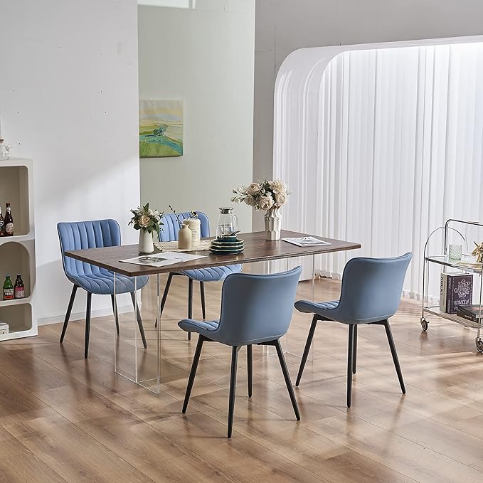YOUNUOKE Blue Dining Chairs Set of 2 Upholstered Mid Century Modern Kitchen Dinner Chair Armless Faux Leather Guest Waiting Room Side Chair with Padded Backrest Metal Legs for Living Room Bedroom - LeafyLoom