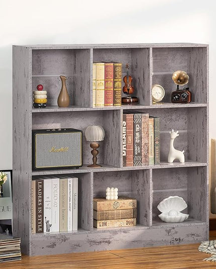 LEYAOYAO 8 Cube Bookshelf with Base,3 Tier Mid-Century Modern Grey Bookcase,Standing Wide Bookshelves Storage Organizer Shelf,Rustic Wood Display Cabinet Book Shelves for Bedroom,Living Room,Office - LeafyLoom