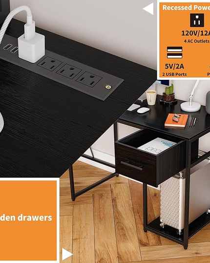 L Shaped Gaming Desk, Reversible L Shaped Computer Desk with Drawers, Led Lights & Power Outlets for Home Office Black - LeafyLoom