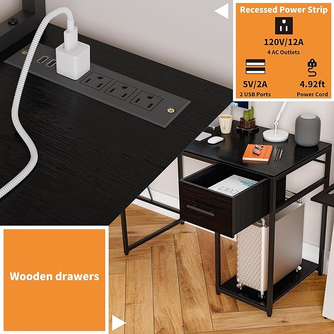 L Shaped Gaming Desk, Reversible L Shaped Computer Desk with Drawers, Led Lights & Power Outlets for Home Office Black - LeafyLoom