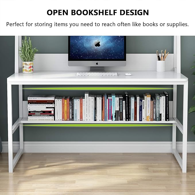 Tribesigns Computer Desk with Hutch, 47 inches Home Office Desk with Space Saving Design with Bookshelf for Small Spaces (All White, 47) - LeafyLoom