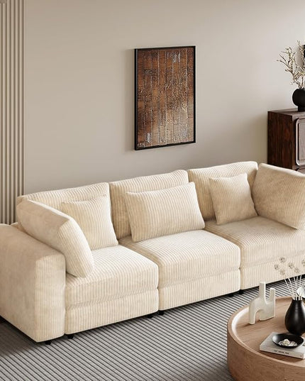 Morden Soft Corduroy Upholstered 3 Seater Sofa Couch with Removable Back Cushions and 5 Pillows for Living Room, Apartment, Office, 105", Beige-403 - LeafyLoom