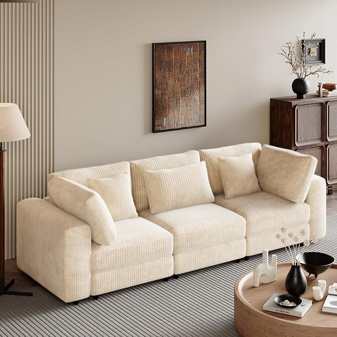 Morden Soft Corduroy Upholstered 3 Seater Sofa Couch with Removable Back Cushions and 5 Pillows for Living Room, Apartment, Office, 105", Beige-403 - LeafyLoom