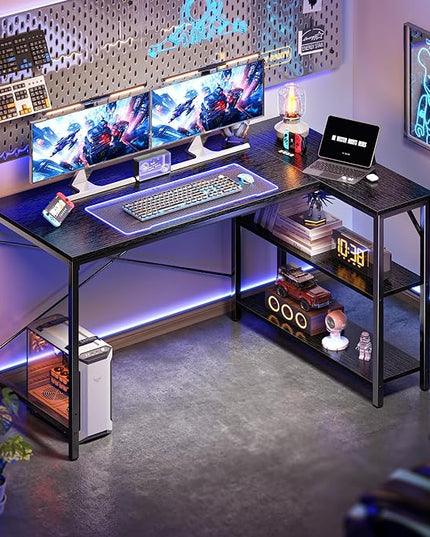 L Shaped Desk, 47 Inches Computer Desk with Reversible Storage Shelves, Gaming Desk, Corner Desk Home Office Desks, Writing Desk Study Desk with Metal Frame, Black - LeafyLoom