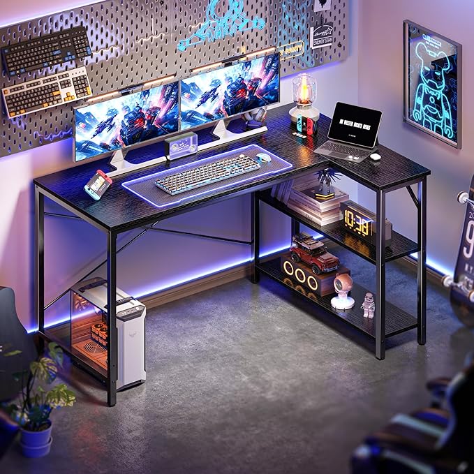 L Shaped Desk, 47 Inches Computer Desk with Reversible Storage Shelves, Gaming Desk, Corner Desk Home Office Desks, Writing Desk Study Desk with Metal Frame, Black - LeafyLoom