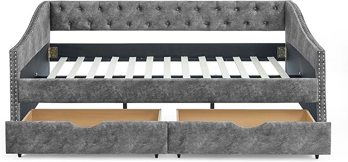 Full Size Daybed with 2 Storage Drawers,Linen Upholstered Sofa Bed W/Button on Back & Copper Nail on Waved Shape Armrests,No Spring Box Need,Wood Bedframe for Living Room Bedroom Dorm,Grey - LeafyLoom