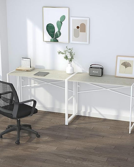 40 inch Folding Desk, Writing Gaming Computer Camping Desk, No Assembly Required Home Office Table, Natural and White - LeafyLoom