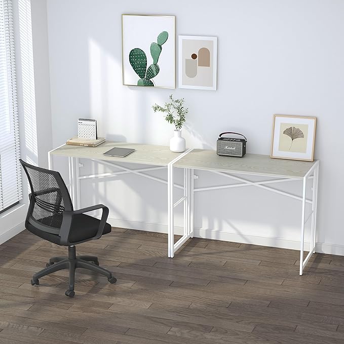 40 inch Folding Desk, Writing Gaming Computer Camping Desk, No Assembly Required Home Office Table, Natural and White - LeafyLoom