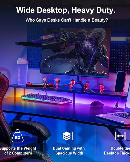 GTRACING 55 Inch Gaming Desk with LED Lights, Computer Gamer Desk with Monitor Stand, Ergonomic Carbon Fiber Surface Gaming Table with Mouse Pad for Home Office, RGB - LeafyLoom