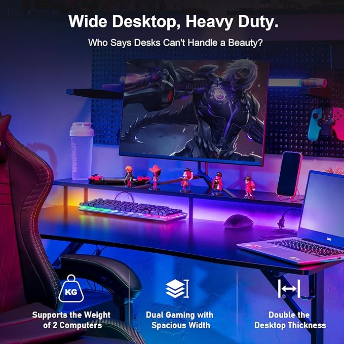 GTRACING 55 Inch Gaming Desk with LED Lights, Computer Gamer Desk with Monitor Stand, Ergonomic Carbon Fiber Surface Gaming Table with Mouse Pad for Home Office, RGB - LeafyLoom