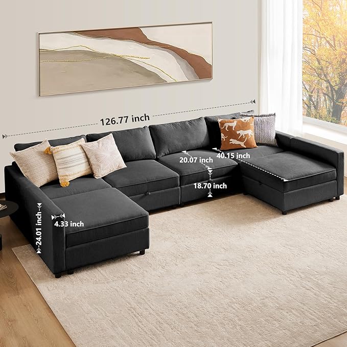 Sweetcrispy Convertible Sectional Sofa Couch, 6 Seat 8 Back Sofa Set with Storage for Living Room, L-Shaped Modern Modular Sofa Sleeper with Ottoman, Comfy Sofa Couch with Extra Deep Seats, Grey - LeafyLoom