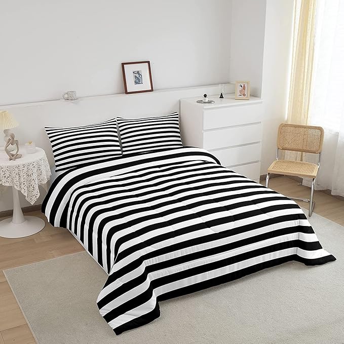 Striped Comforter Set Black and White Stripe Bedding Set King Kids Boys Girls Women Men Farmhouse Ticking Stripes Duvet Set Modern Geometric Lines Adults Abstract Gothic Home Decor Soft Reversible - LeafyLoom
