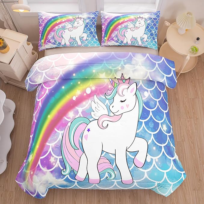 Tailor Shop Unicorn Comforter Sets Twin Size,Blue Unicorn Bedding Sets for Girls Kids Teens with 1 Pillowcase…… - LeafyLoom