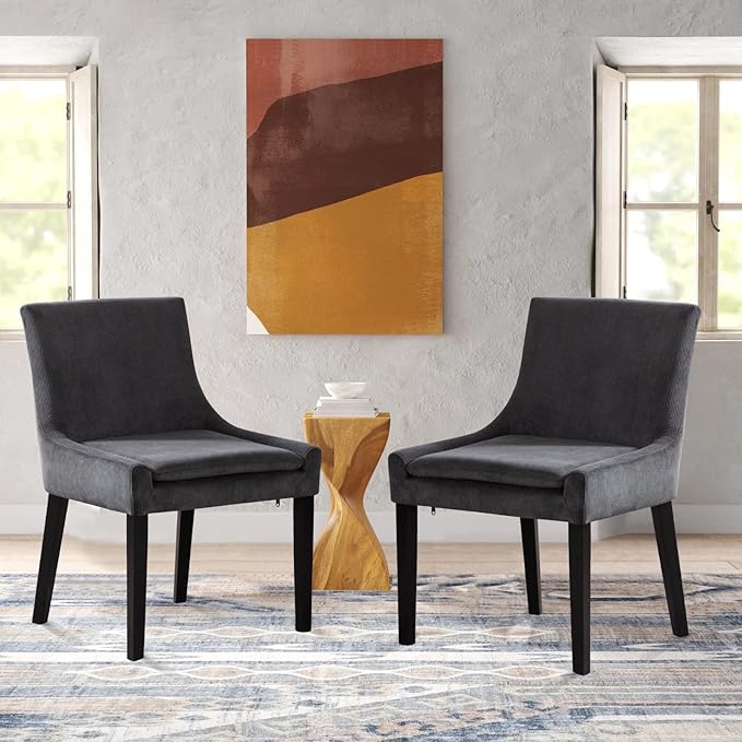 COLAMY Modern Dining Chairs Set of 2, Upholstered Corduroy Accent Side Leisure Chairs with Mid Back and Wood Legs for Living Room/Dining Room-Grey - LeafyLoom