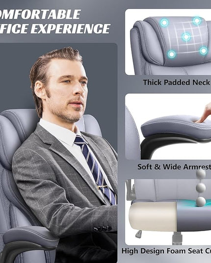 Office Chair, Ergonomic Big and Tall Computer Desk Chairs, Executive Breathable Leather Chair with Adjustable High Back Flip-up Armrests, Lumbar Support Swivel PC Chair with Rocking Function - LeafyLoom