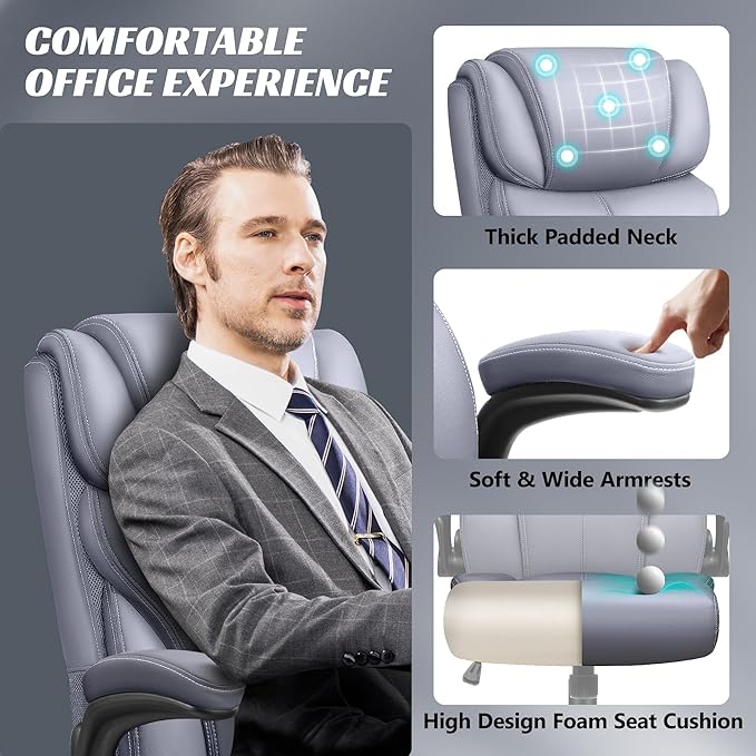 Office Chair, Ergonomic Big and Tall Computer Desk Chairs, Executive Breathable Leather Chair with Adjustable High Back Flip-up Armrests, Lumbar Support Swivel PC Chair with Rocking Function - LeafyLoom