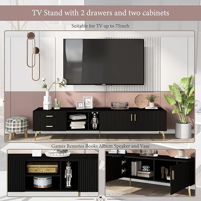 71 Inch TV Stand, Modern Television Stands with Drawers, Cabinets and Open Shelf, Entertainment Center with 5 Champagne Legs for Living Room and Bedroom, Black - LeafyLoom